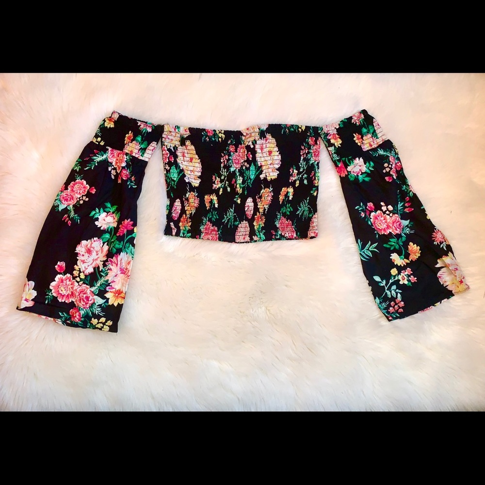 Floral Ribbed Off The Shoulder Crop Top